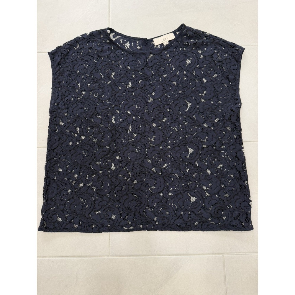 Ann Taylor LOFT Top XL Women's Navy Lace Overlay Sleeveless Blouse Chic Romantic